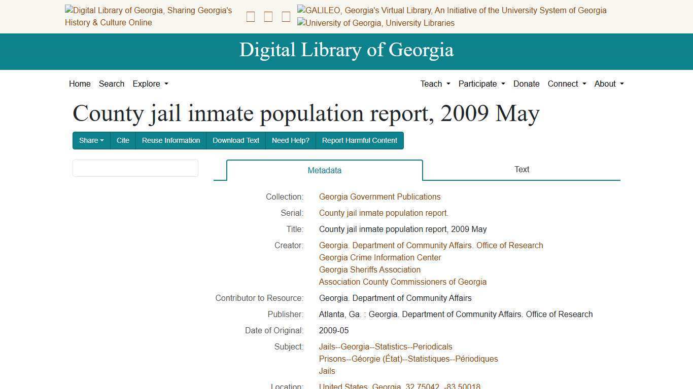 County jail inmate population report, 2009 May - Digital Library of Georgia